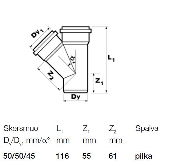 Vidaus kanalizacijos trišakis Wavin, Ø 50 / 50 mm, 45°