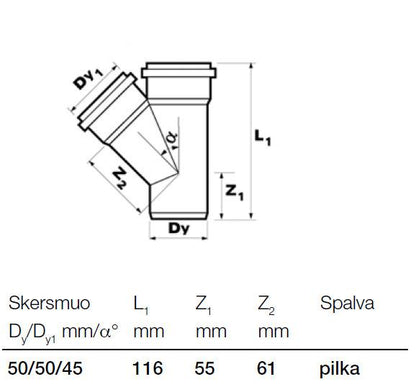 Vidaus kanalizacijos trišakis Wavin, Ø 50 / 50 mm, 45°