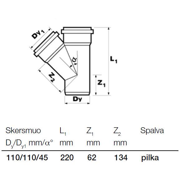 Vidaus kanalizacijos trišakis Wavin, Ø 110 / 110 mm, 45°