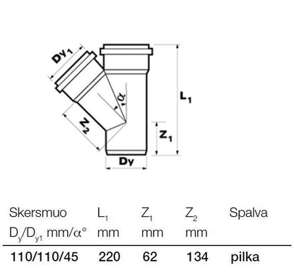 Vidaus kanalizacijos trišakis Wavin, Ø 110 / 110 mm, 45°