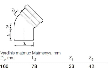 Lauko kanalizacijos alkūnė Wavin, Ø 160 mm, 45°