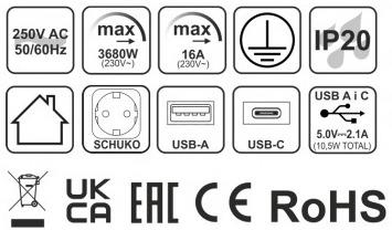 Įmontuojamas ilgintuvas Design Light, 2 vietos, USB A+C, 3 m