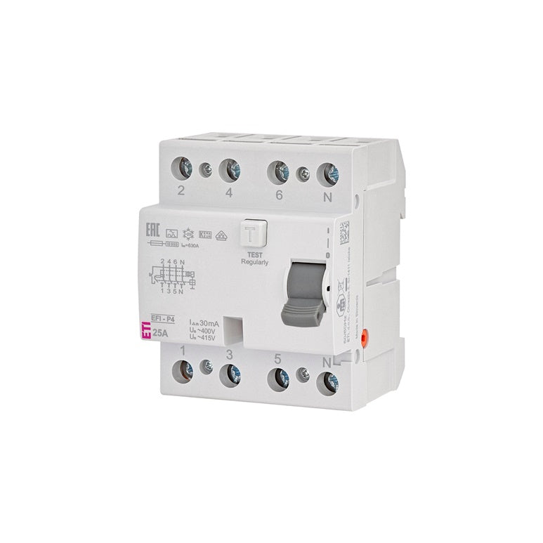 Srovės nuotėkio rėlė ETI EFI-P4 A 10kA, 4P, 25 A, 415 V,30mA