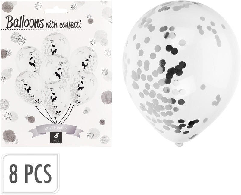 Balony owalne KONFETTI, transparentne/srebrne, 8 szt.