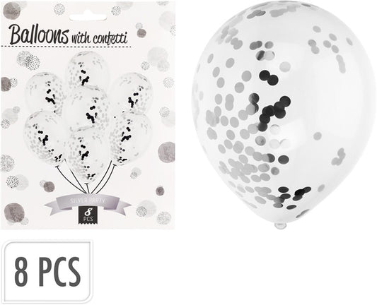 Balloon oval CONFETTI, clear/silver, 8 pcs.