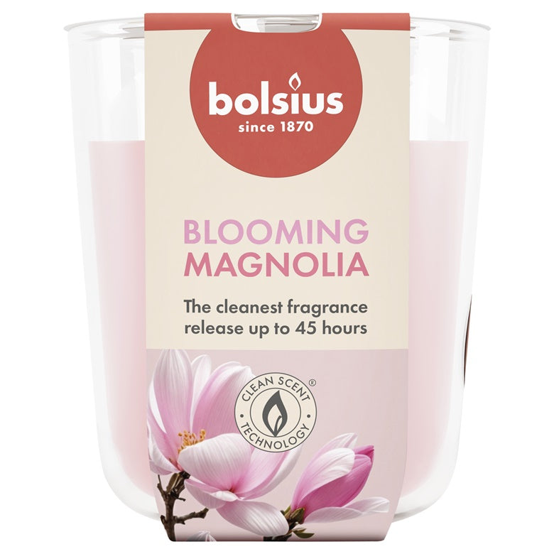 Świeca, zapachowa Bolsius Blooming Magnolia, 45 h, Różowa