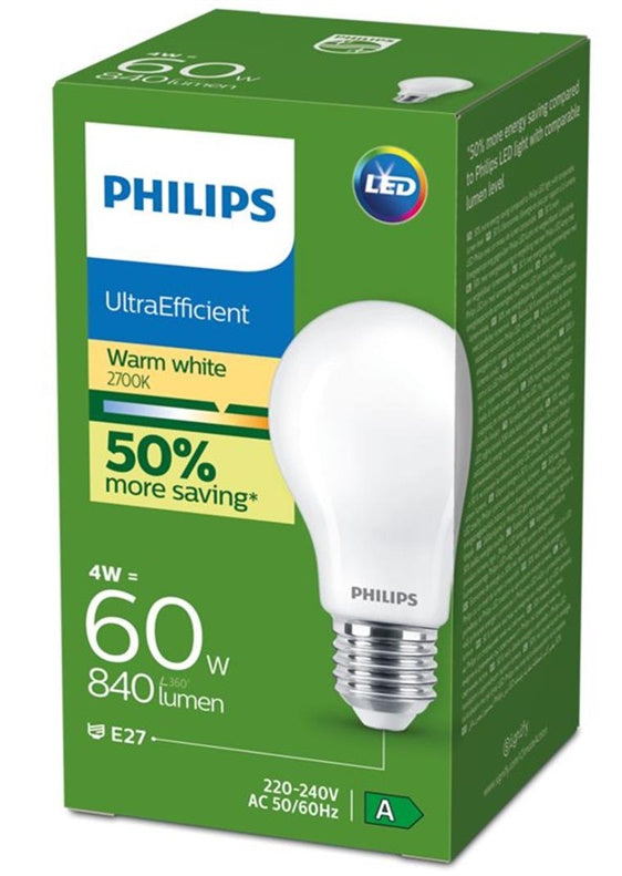 Philips LED Bulb, A60 E27 4W 840LM 2700K