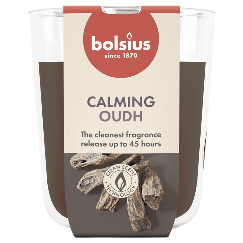 Świeca zapachowa Bolsius Calming Oudh, 45 godz., Brązowa