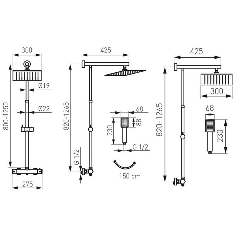 Shower set with thermostatic mixer NP75SQ-TRV7U, chrome