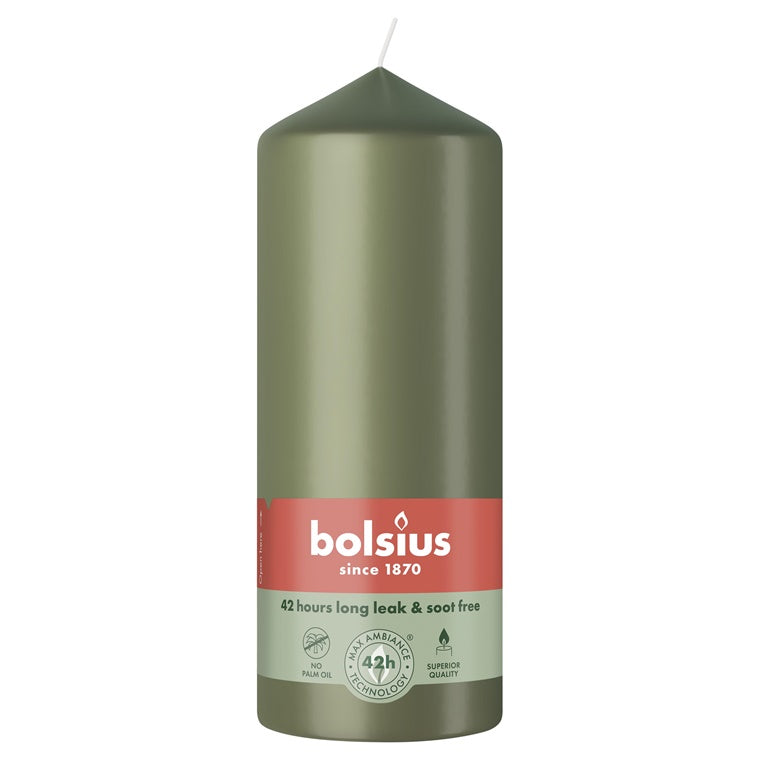Candle, cylindrical Bolsius, 15/5.8 cm, olive green