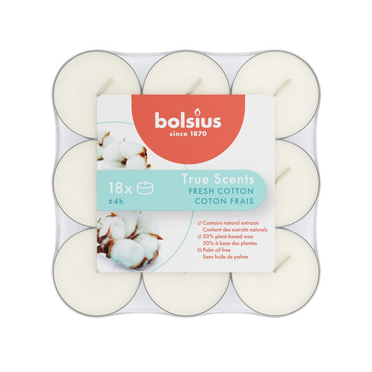 Žvakė, aromatinė Bolsius Fresh Cotton, 4 h, 18 vnt., Balta