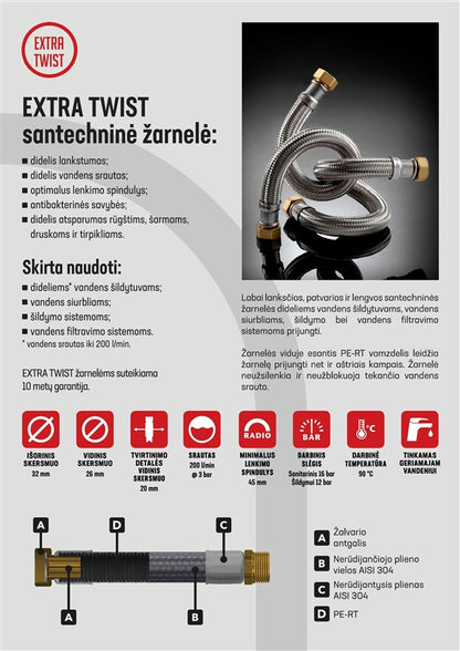 Plumbing Hose with Elbow Extra Twist, M1''-F1'', 80cm