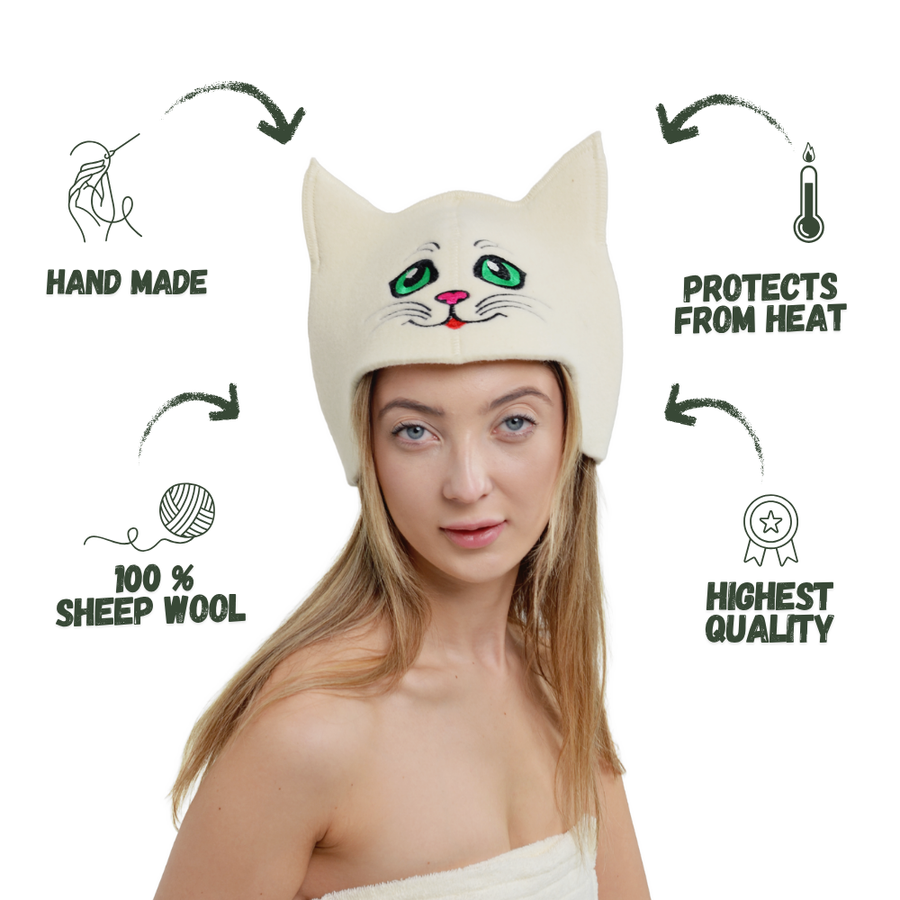 Sauna Hat ‘Green-eyed Kitty’ 100% Wool