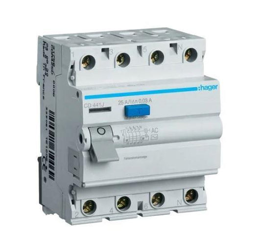 Srovės nuotėkio rėlė Hager CD426J, 4P, 25 A, 400 V, 30 mA