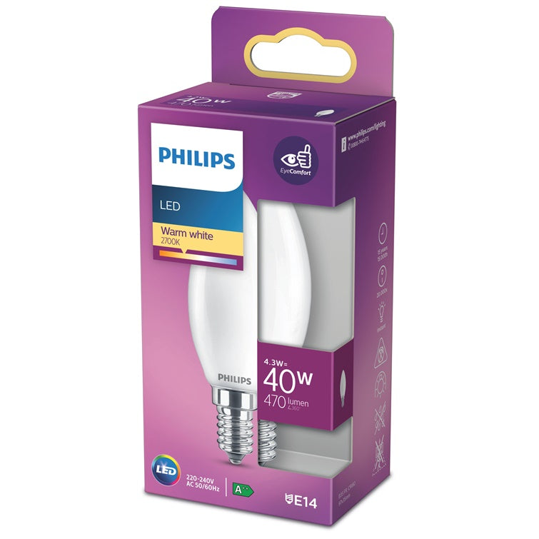 Philips B35 LED bulb, 4.3W, E14, 2700K, 470lm, matte