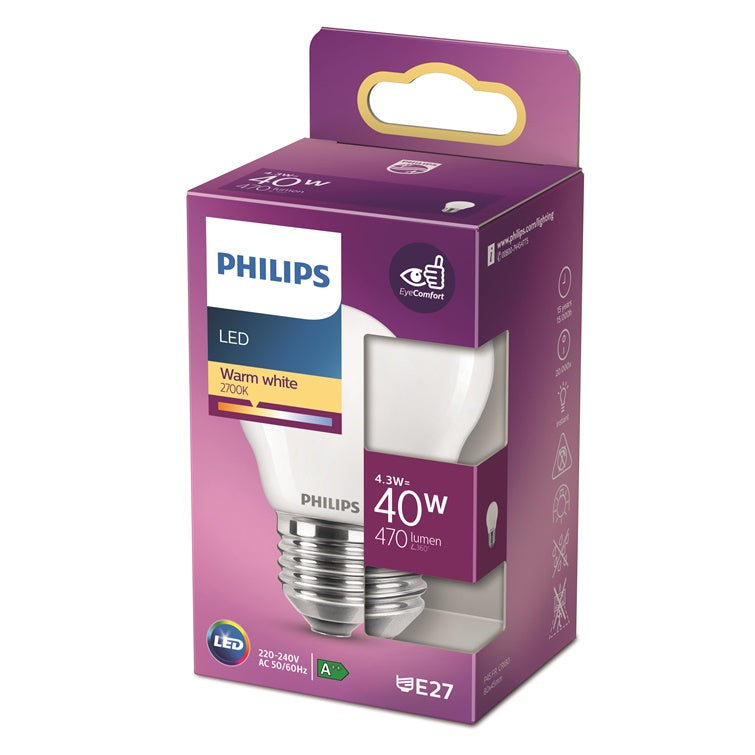 Philips LED bulb, P45, E27, 4.3W, 470lm, 2700K