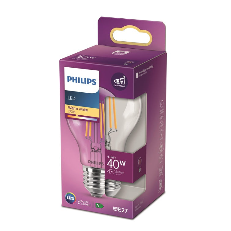 Philips LED Bulb, A60, E27, 4.3W, 470lm, 2700K