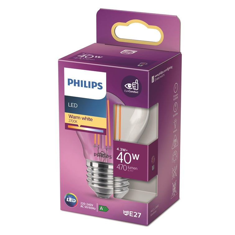Philips LED filament bulb, P45, E27, 4.3W, 470lm, 2700K