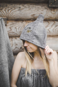 Cotton sauna hat with tub picture, grey