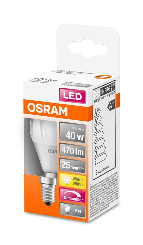 LED lemputė Osram, P45, 4.5W, E14, 827, 470lm, dim, mat