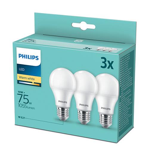 Light bulbs Philips LED, A60, E27, 10W, 1055lm, 2700K, 3 pcs