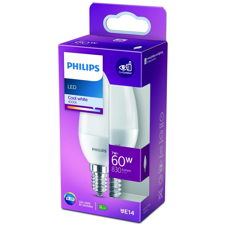 Light bulb Philips LED, B38, E14, 7W, 4000K, frosted