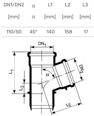 Ultra dB Internal Sewage Tee, Ø 110 / 50 mm, 45°