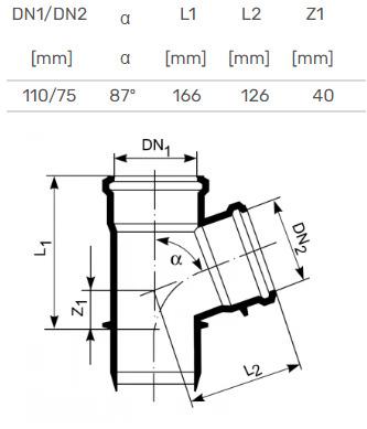 HTplus internal sewage tee, Ø 110 / 75 mm, 87°