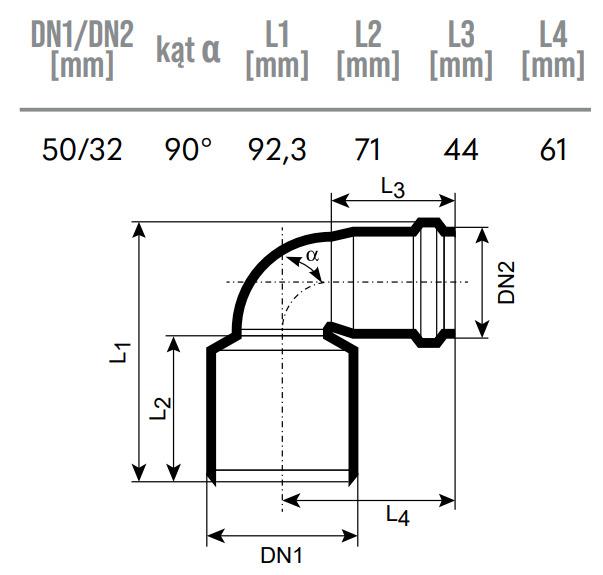 Kolanko redukcyjne kanalizacyjne HTplus Ø32/50 mm białe