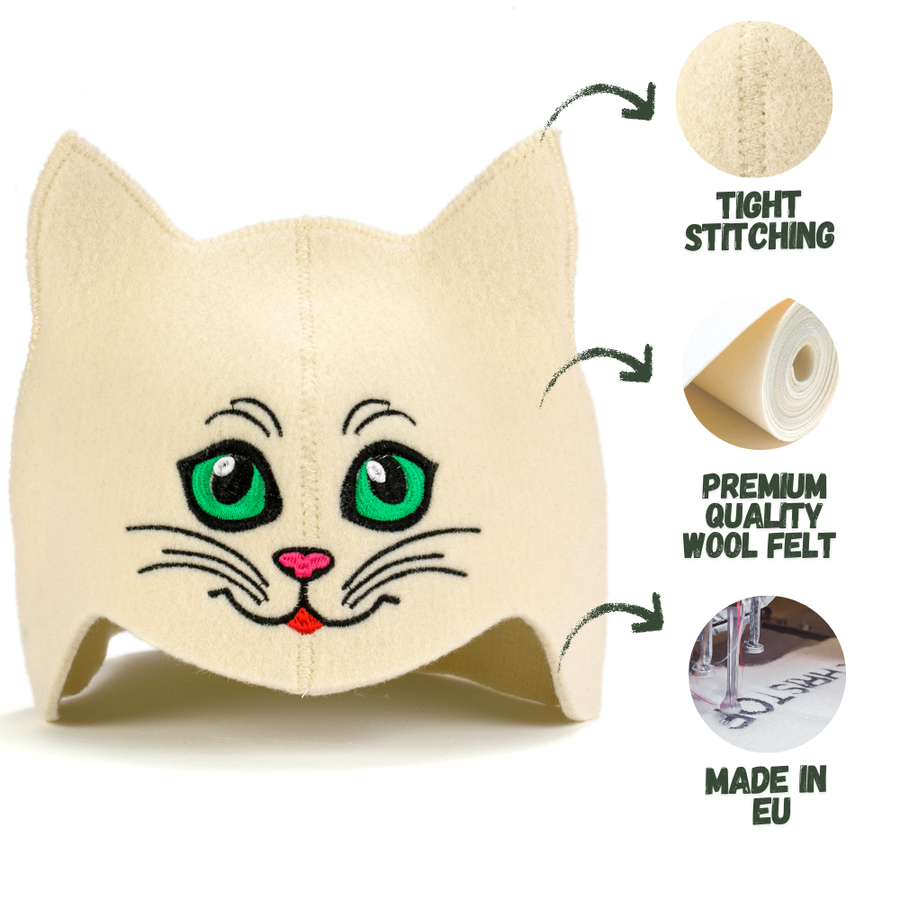 Sauna Hat ‘Green-eyed Kitty’ 100% Wool