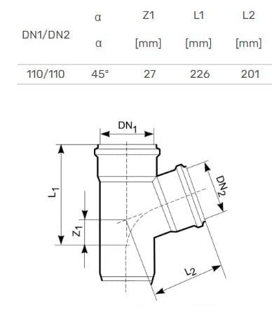 Trójnik kanalizacyjny Magnaplast, Ø 110 / 110 mm, 45°