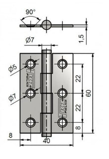 Door hinge J2 KZ60, 60 x 40 mm