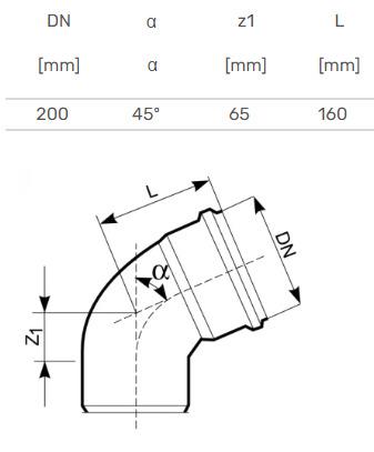 Kolano kanalizacyjne zewnętrzne Magnaplast, Ø 200 mm, 45°