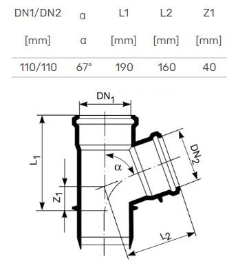 Vidaus kanalizacijos trišakis HTplus, Ø 110 / 110 mm, 67°