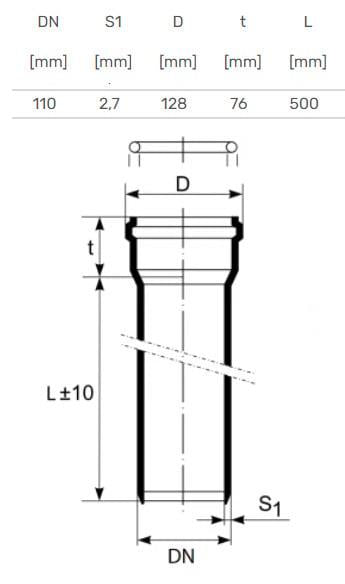 HTplus indoor sewage pipe, Ø 110 mm, 0.5 m