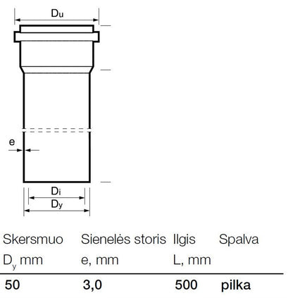 Vidaus kanalizacijos PVC vamzdis Wavin, Ø 50 mm, 0,5 m