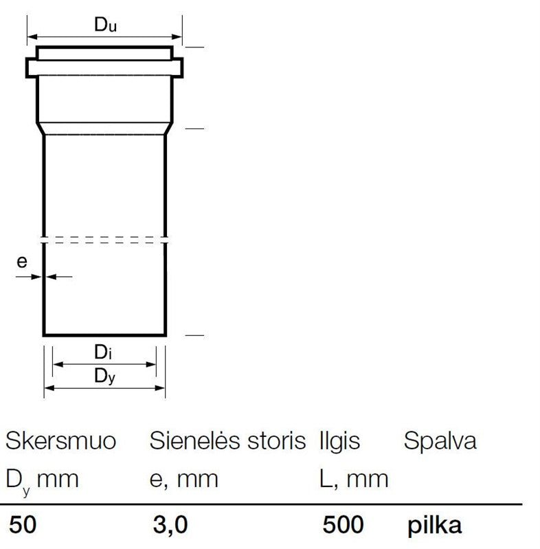 Vidaus kanalizacijos PVC vamzdis Wavin, Ø 50 mm, 0,5 m