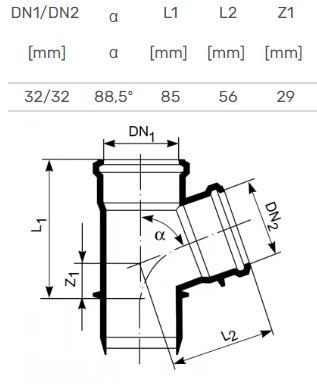 Internal sewage tee, Ø 32 / 32 mm, 88.5°, white