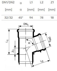 Internal sewerage tee, Ø 32 / 32 mm, 45°, white