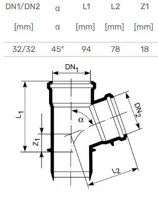 Internal sewerage tee, Ø 32 / 32 mm, 45°, white