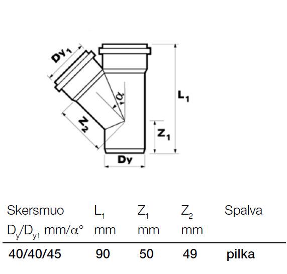 Vidaus kanalizacijos trišakis Wavin, Ø 40 / 40 mm, 45°