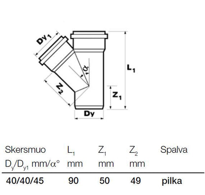 Vidaus kanalizacijos trišakis Wavin, Ø 40 / 40 mm, 45°