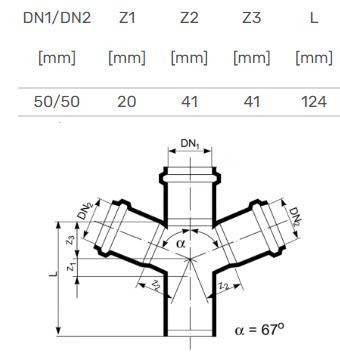 Internal sewage four-way branch, HTplus, Ø 50/50/50 mm, 67°