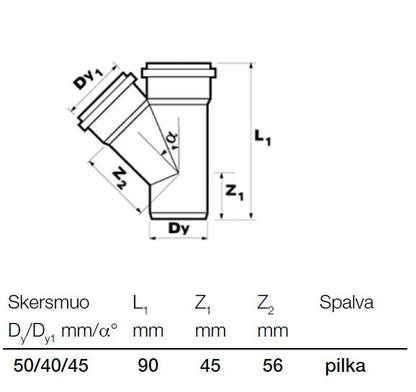 Wavin Internal Sewage Tee, Ø 40 / 50 mm, 45°