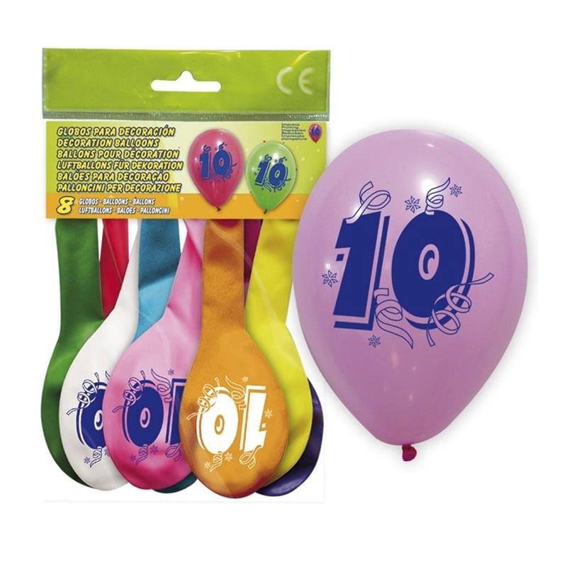 Balony z cyfrą 10, różne kolory, 8 szt.