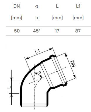 Kolano kanalizacyjne Ultra dB, Ø 50 mm, 45°