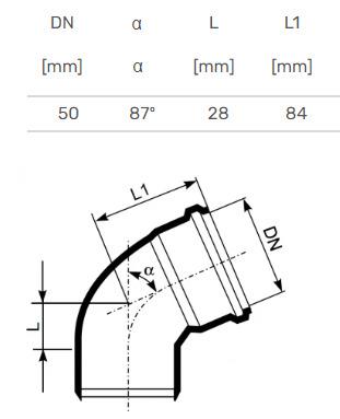 Vidaus kanalizacijos alkūnė Ultra dB, Ø 50 mm, 87°