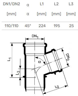 Vidaus kanalizacijos trišakis Ultra dB, Ø 110 / 110 mm, 45°
