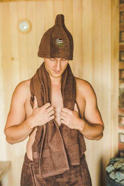 Cotton sauna hat with a tub picture, brown