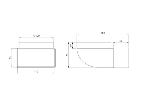 Ventiliacijos alkūnė EUROPLAST KLD 110 x 55mm D100 90°